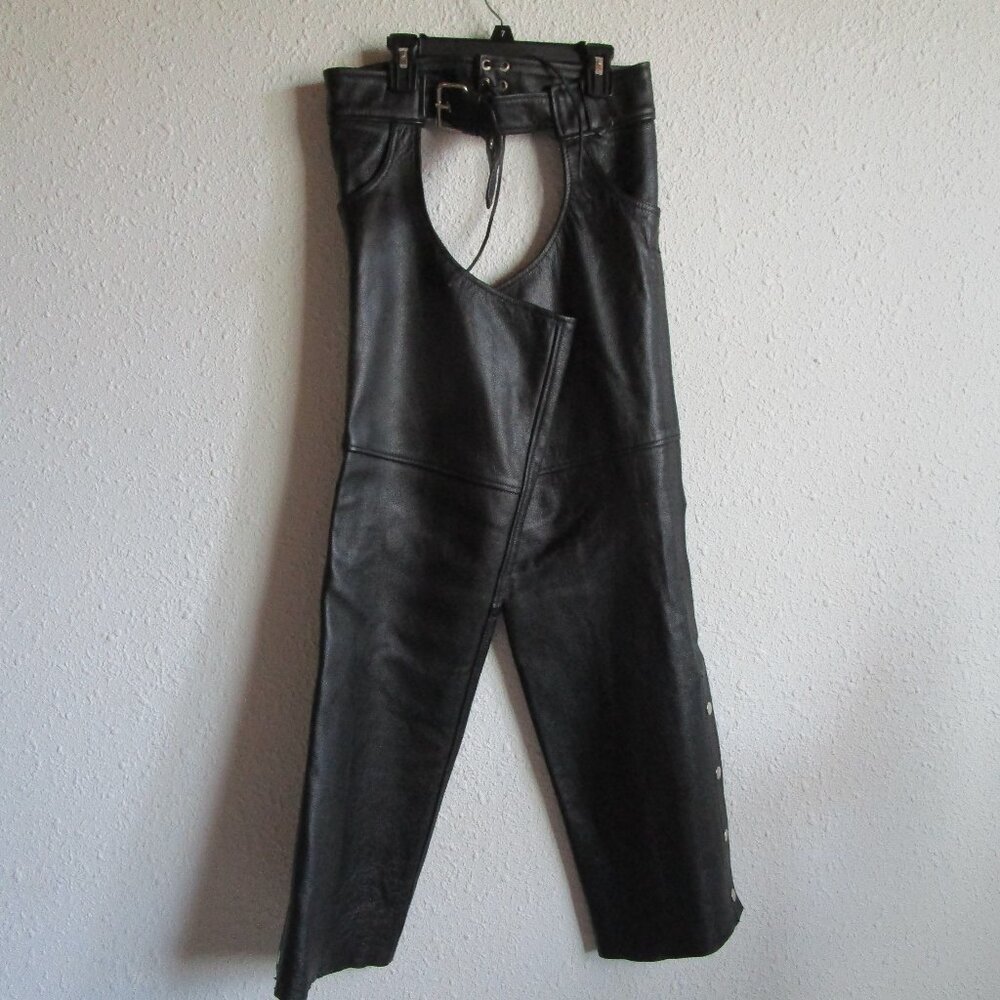 Leather bike chaps, Small, inseam 31, waist 26-34. Snap and zip up.